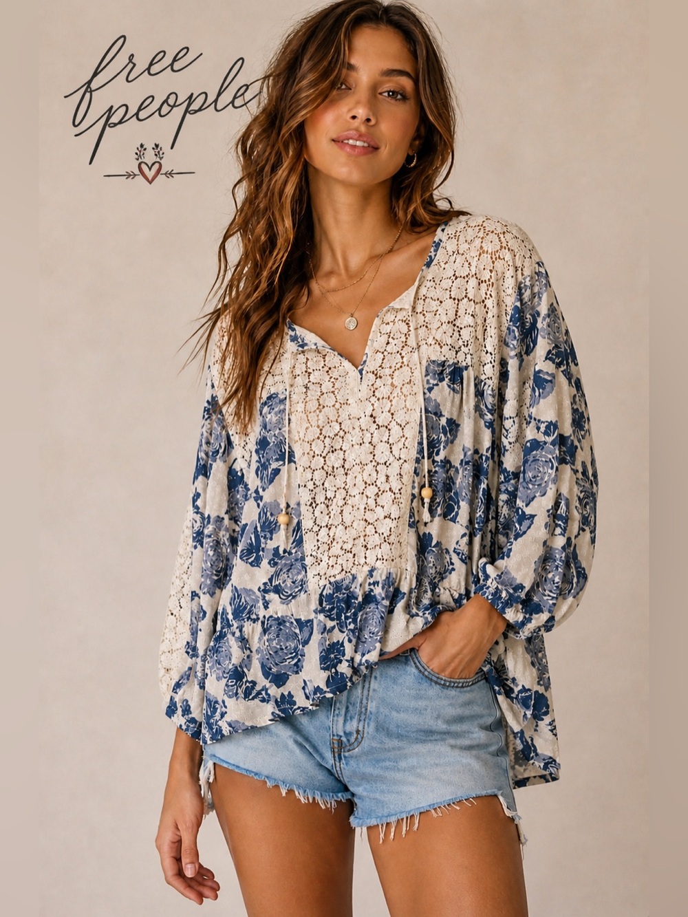Free People Moon River Peasant Blouse Medium Blue Floral Lace Boho Tunic Top A2 - Picture 2 of 14